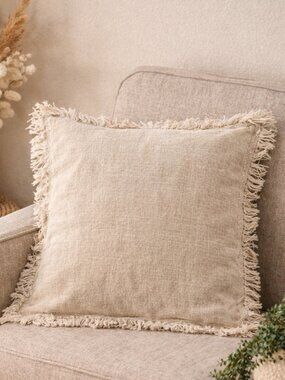 H&M Home Fringe Pillow Cover Neutral Linen Blend Textured Throw Pillow